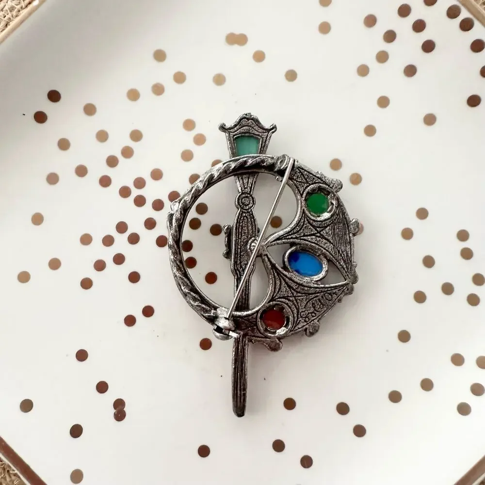 Vintage Soldor Signed Gothic Celtic Sword Shield Five Multicolored Stones Brooch